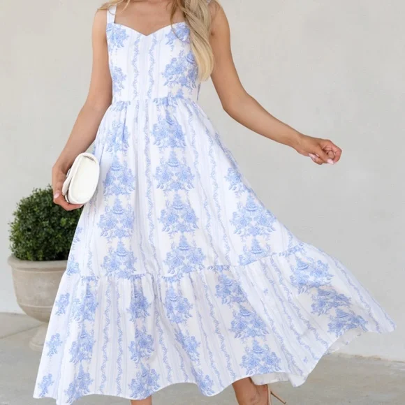 blue dress for baby girl Wells Blue Toile Strappy Midi Dress
